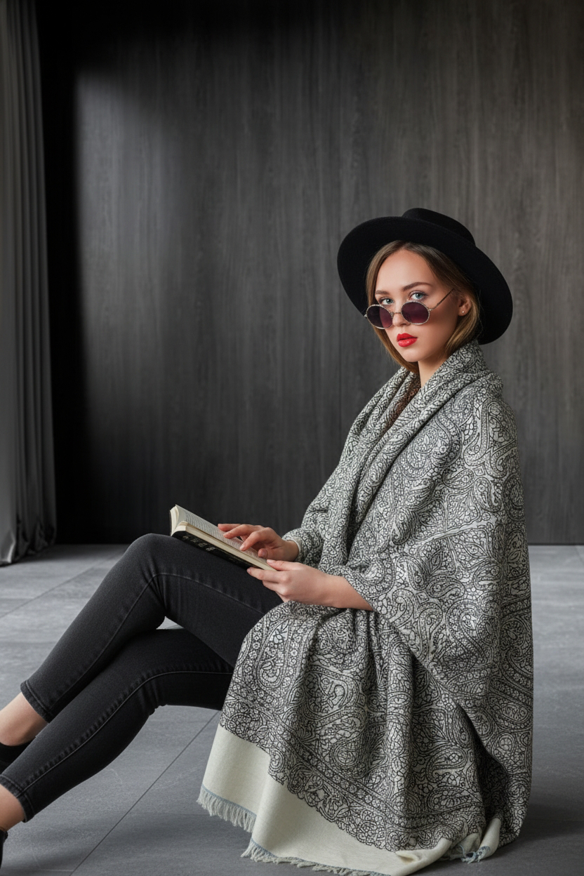 Photoroom-20260103_173143799 Black & White Zari Jamawar Pashmina Shawl – Handmade Kashmiri Luxury - Image 3