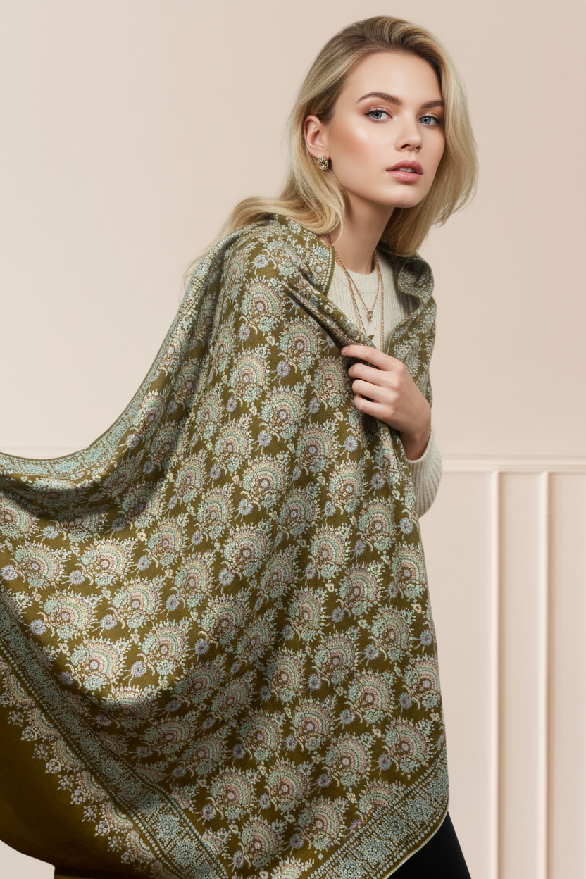 Photoroom-20260103_235501567 Olive Green Sozni Pashmina Shawl - Image 4