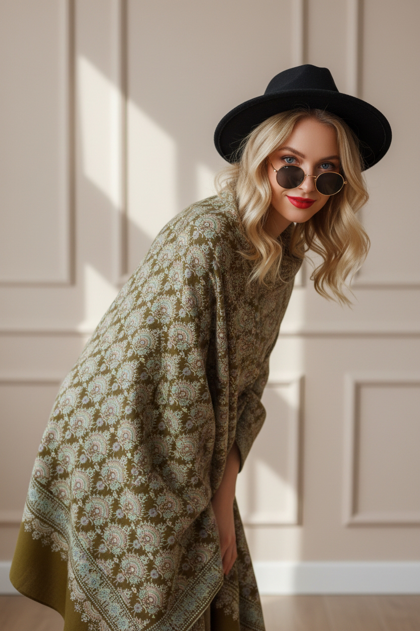 Photoroom-20260103_235512289 Olive Green Sozni Pashmina Shawl - Image 2