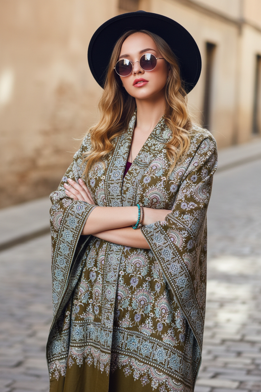 Photoroom-20260103_235943721 Olive Green Sozni Pashmina Shawl - Image 5